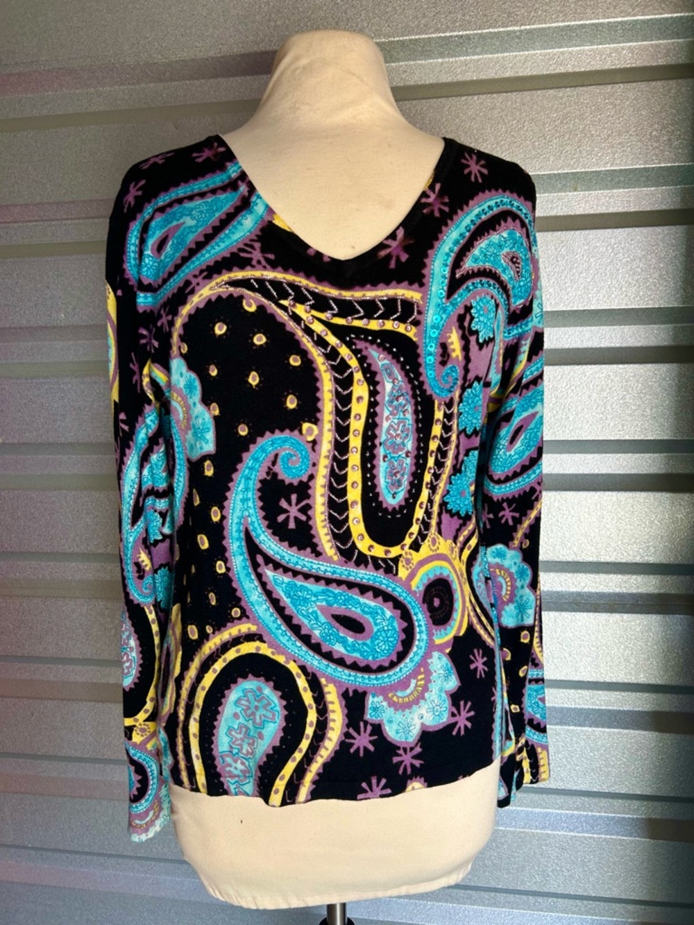 Pierri New York Black V-Neck Sweater with Teal, Yellow & Purple Paisley